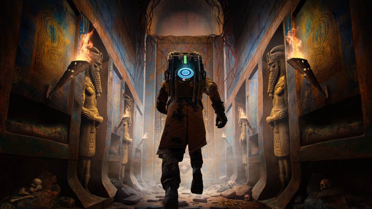 Spaceminer running through an underground chamber of the Ziggurat during a Gold Runner competition past ancient statues of the local peoples concept art