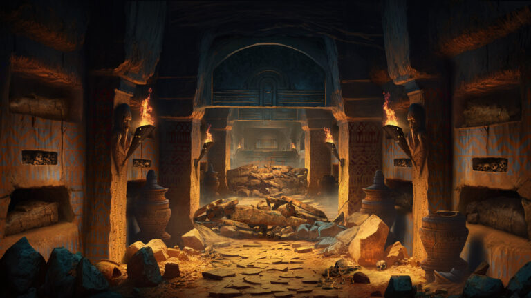 Warriors chamber at the start of the Gold Runner run beneath the Ziggurat concept art