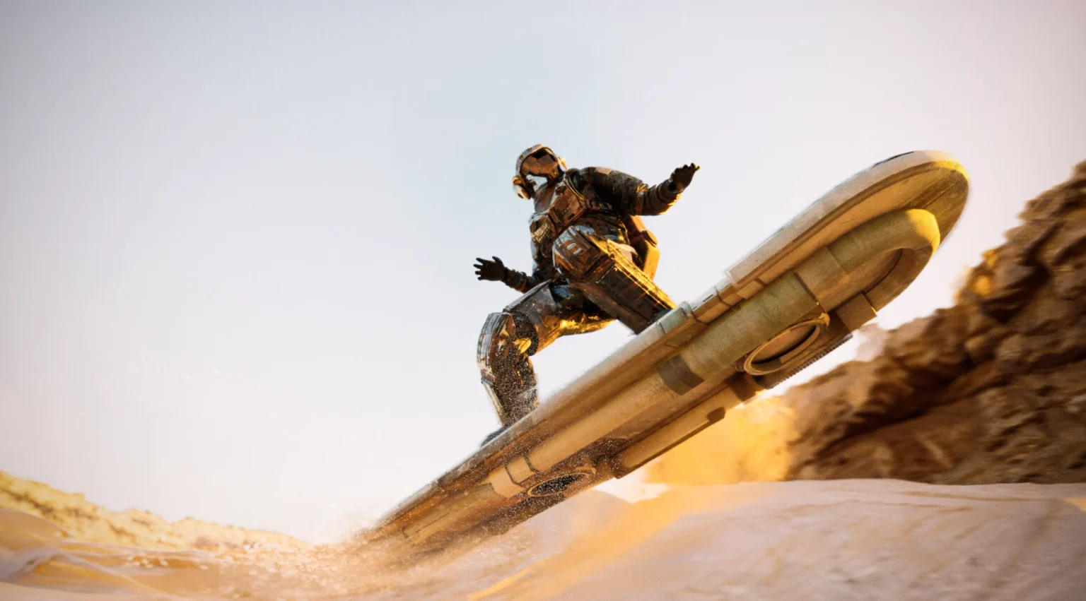 Spaceminer riding a hoverboard in the desert concept art