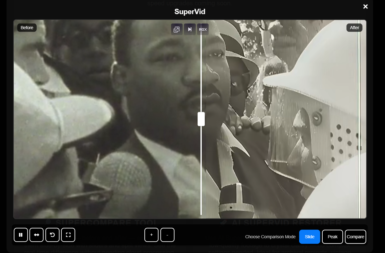 Comparing a before and after image of the Super Resolution Restorer Tool built by Valentino Laz