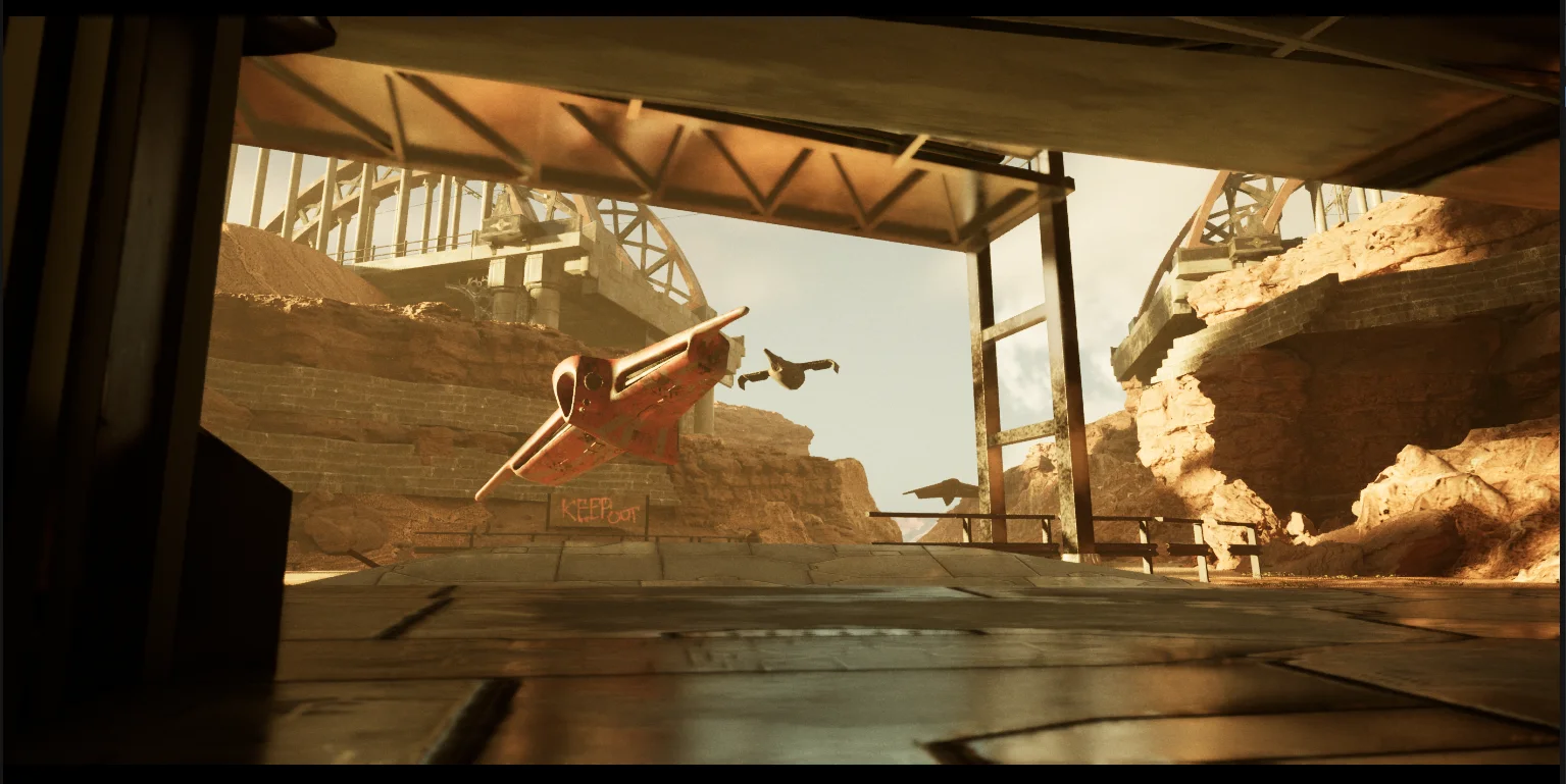 A spaceship hangar in the Spaceminers World with a ship coming in for landing concept art