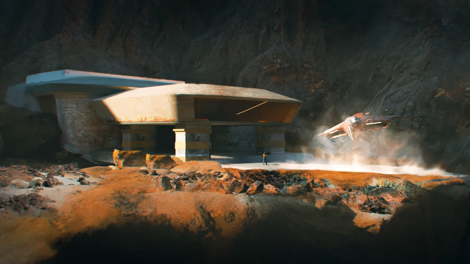 One of the Spaceminers world spaceship stations with a spaceship taking off concept art