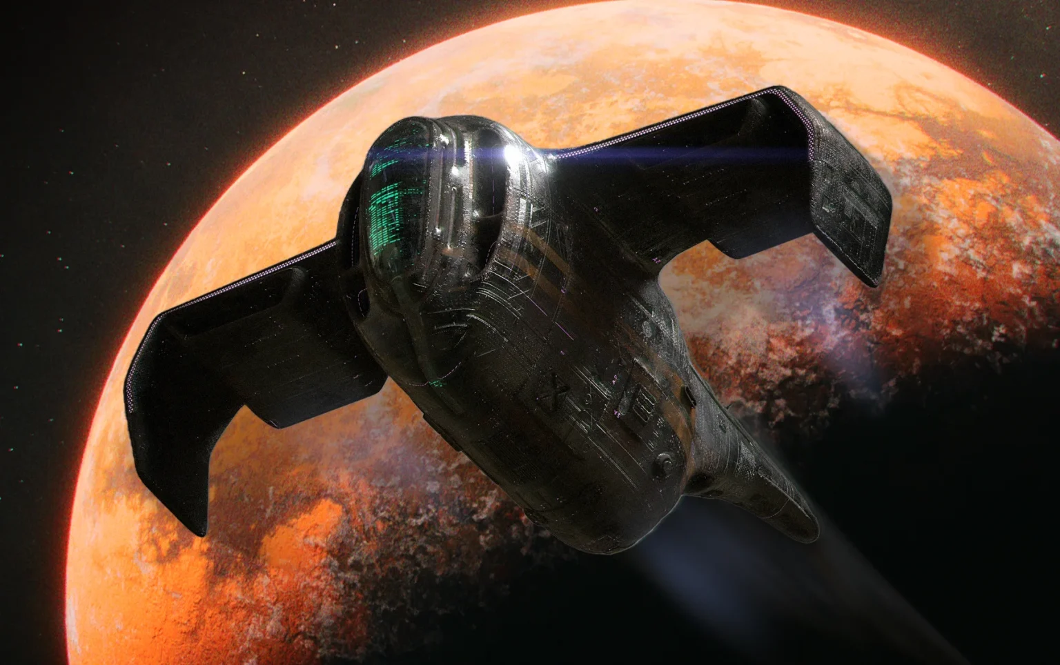 A spaceship from the spaceminers world called Insectum with a red planet in the background flying through space concept art